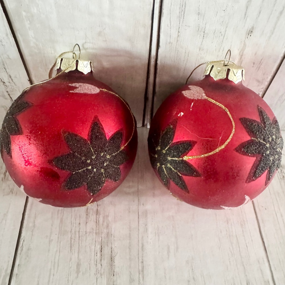 Red Glass Christmas Ball Ornaments Set of 2 Glitter Poinsettia Evergreen Design